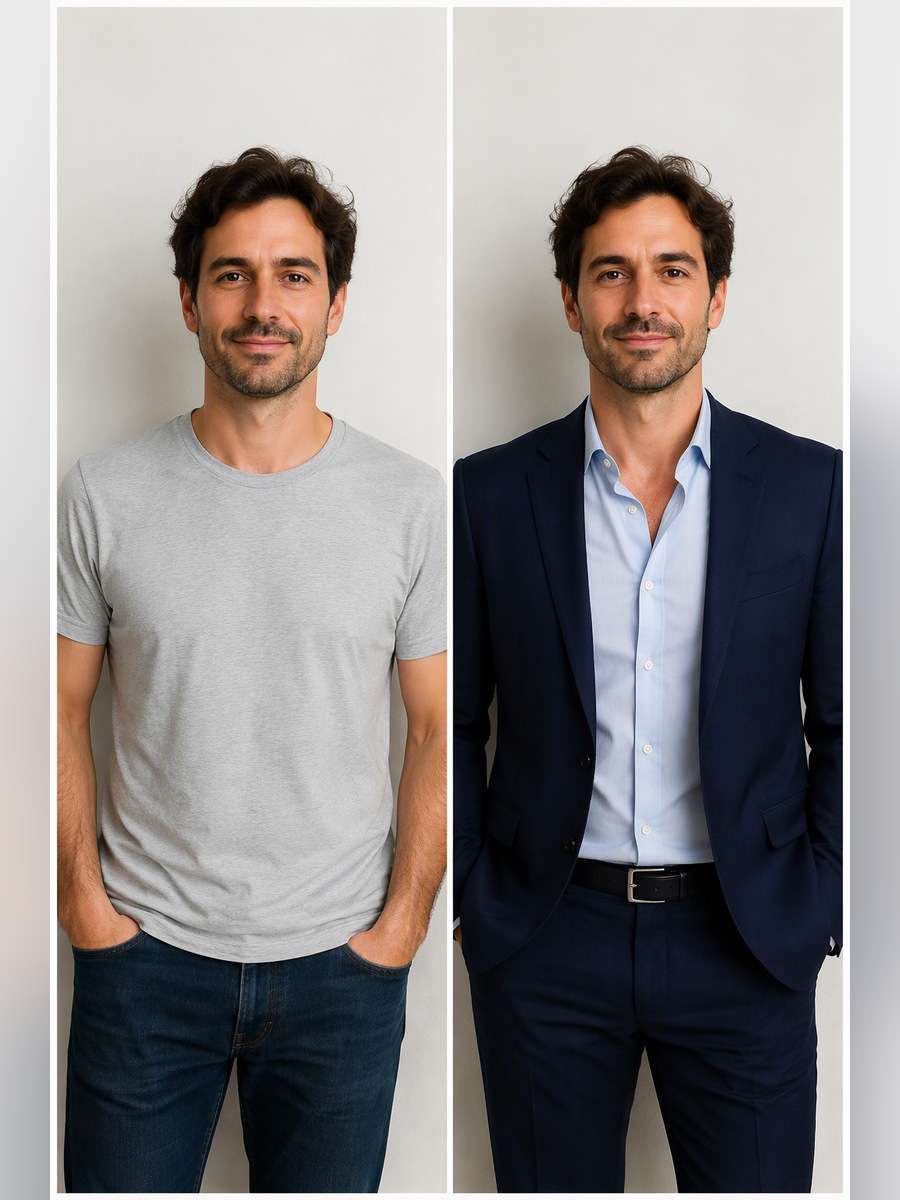Open-Collar Navy Suit - illustrative image-to-image before and after