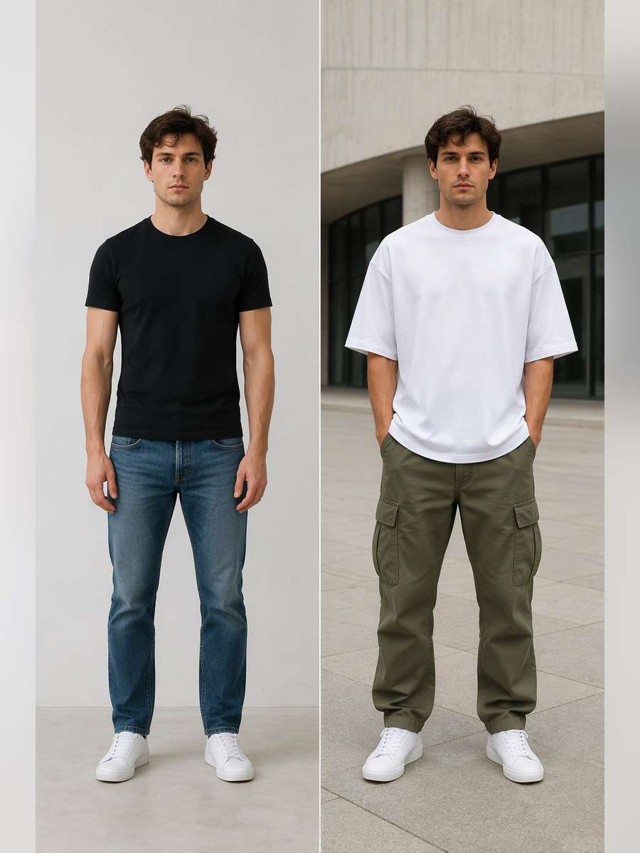 White Boxy Tee and Cargos — illustrative image-to-image before and after