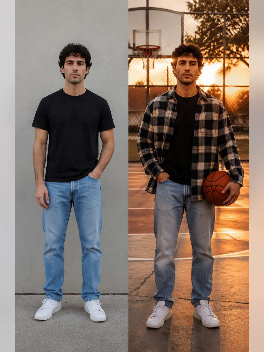 Layered Flannel at Sunset — illustrative image-to-image before and after