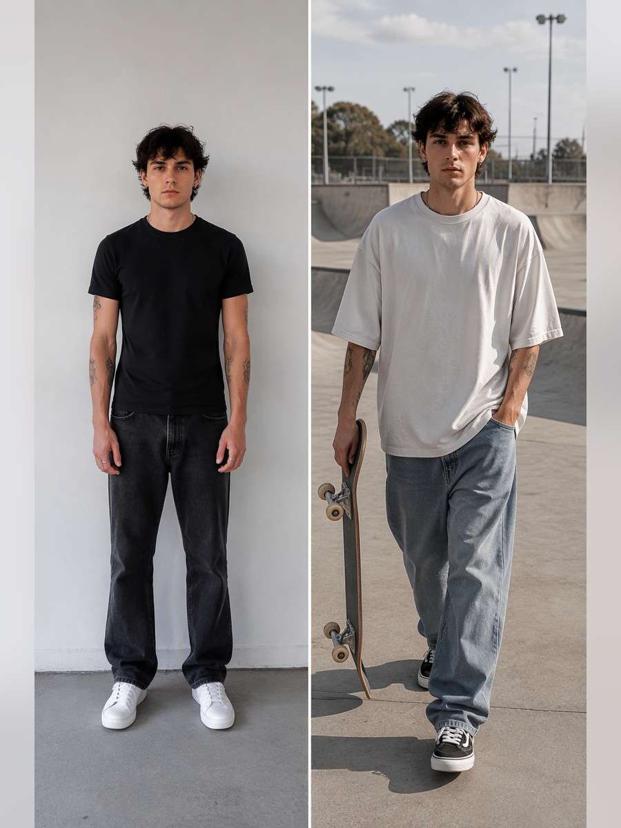 Skateboard Park Oversized Outfit — illustrative image-to-image before and after
