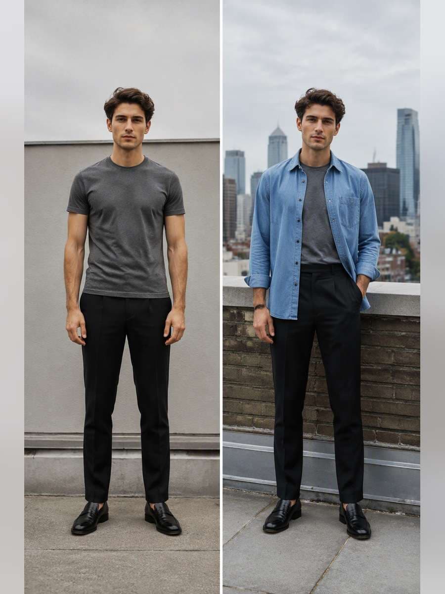 Open Chambray Shirt Layer — illustrative image-to-image before and after