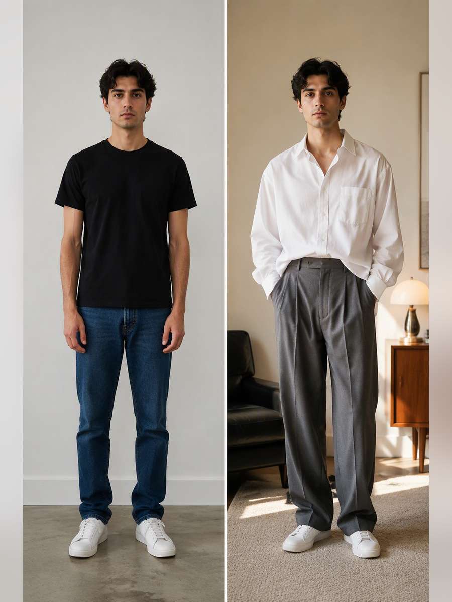 Oversized White Shirt with Pleats — illustrative image-to-image before and after