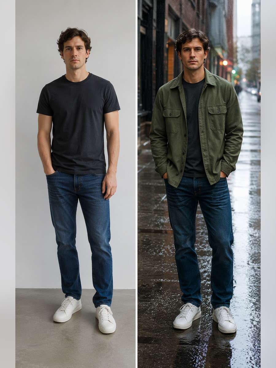 Rainy Day Overshirt — illustrative image-to-image before and after