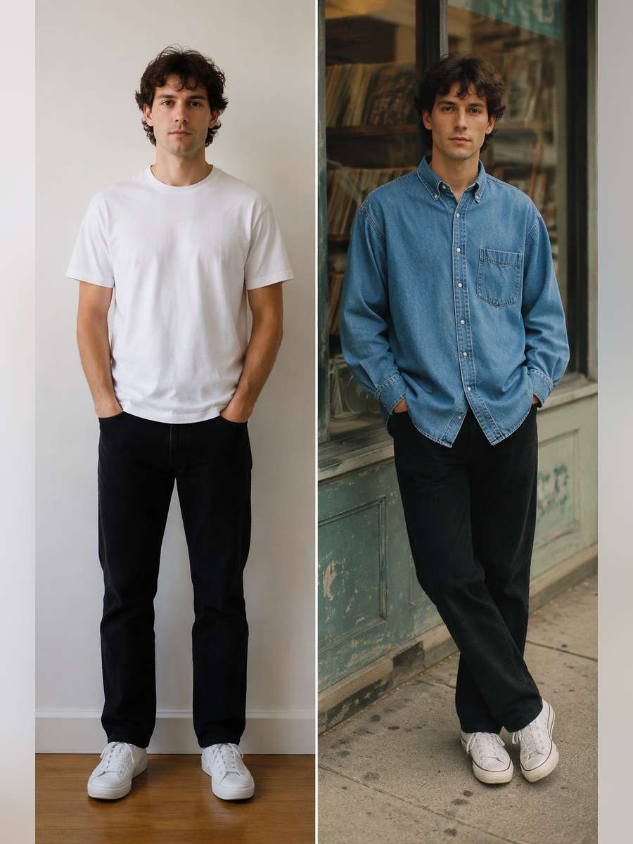 Retro 1990s Denim Shirt — illustrative image-to-image before and after