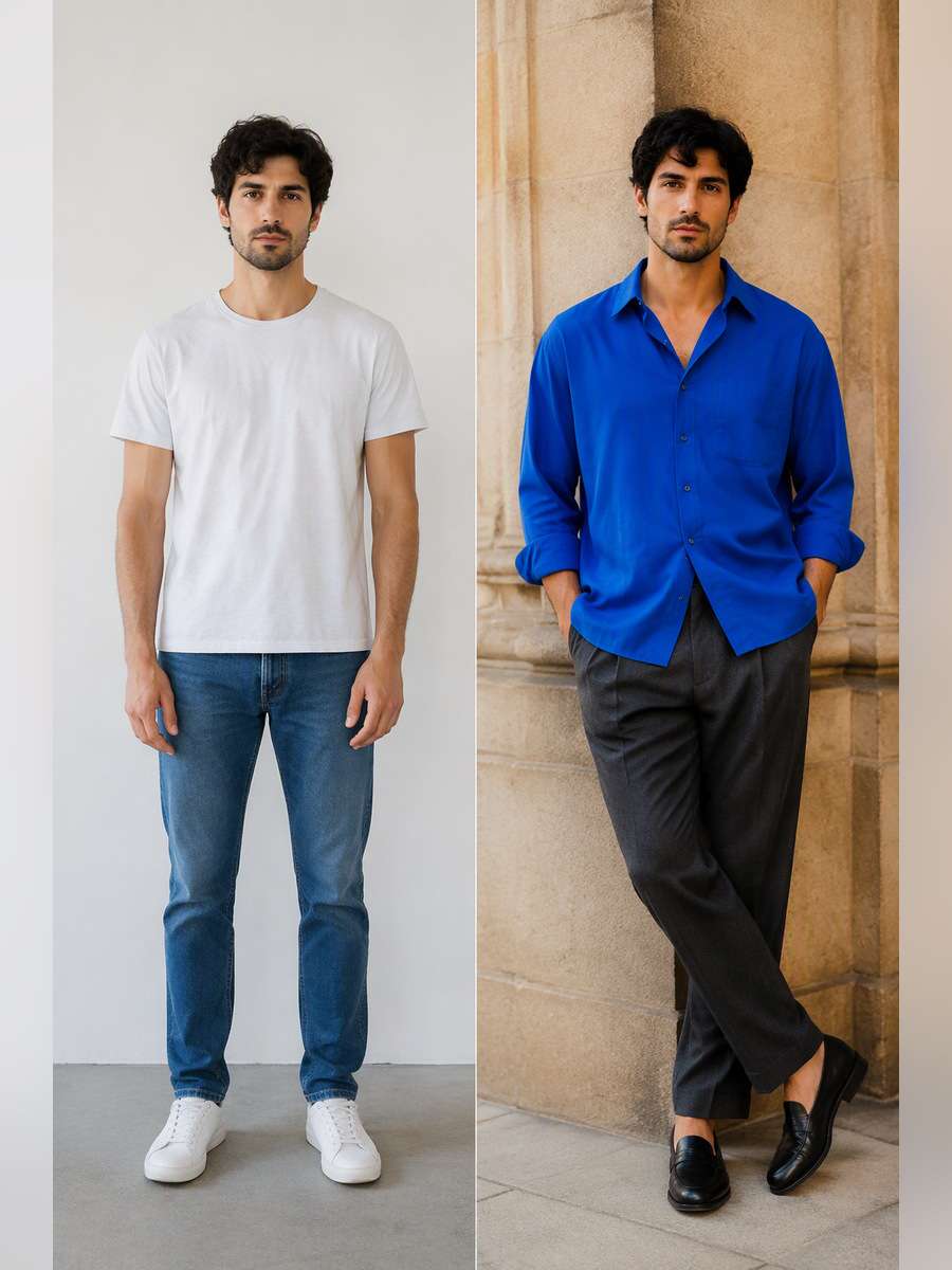 Bold Cobalt Shirt Styling — illustrative image-to-image before and after