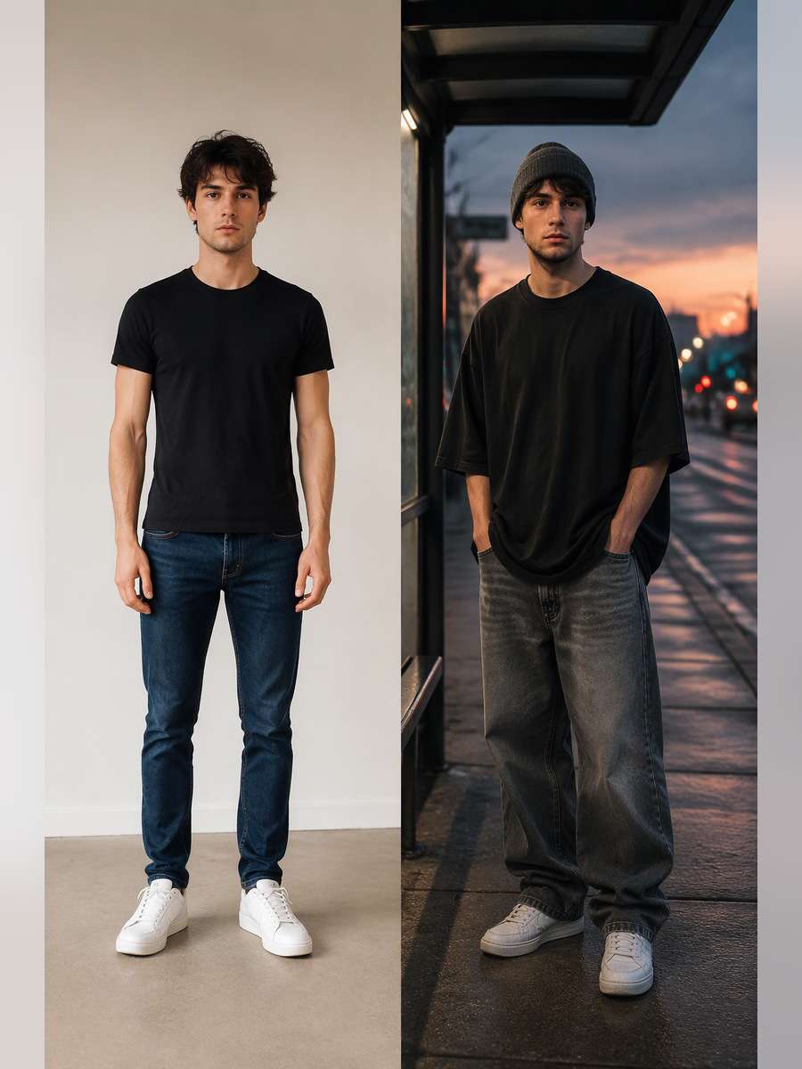 Oversized Tee with Knit Beanie — illustrative image-to-image before and after