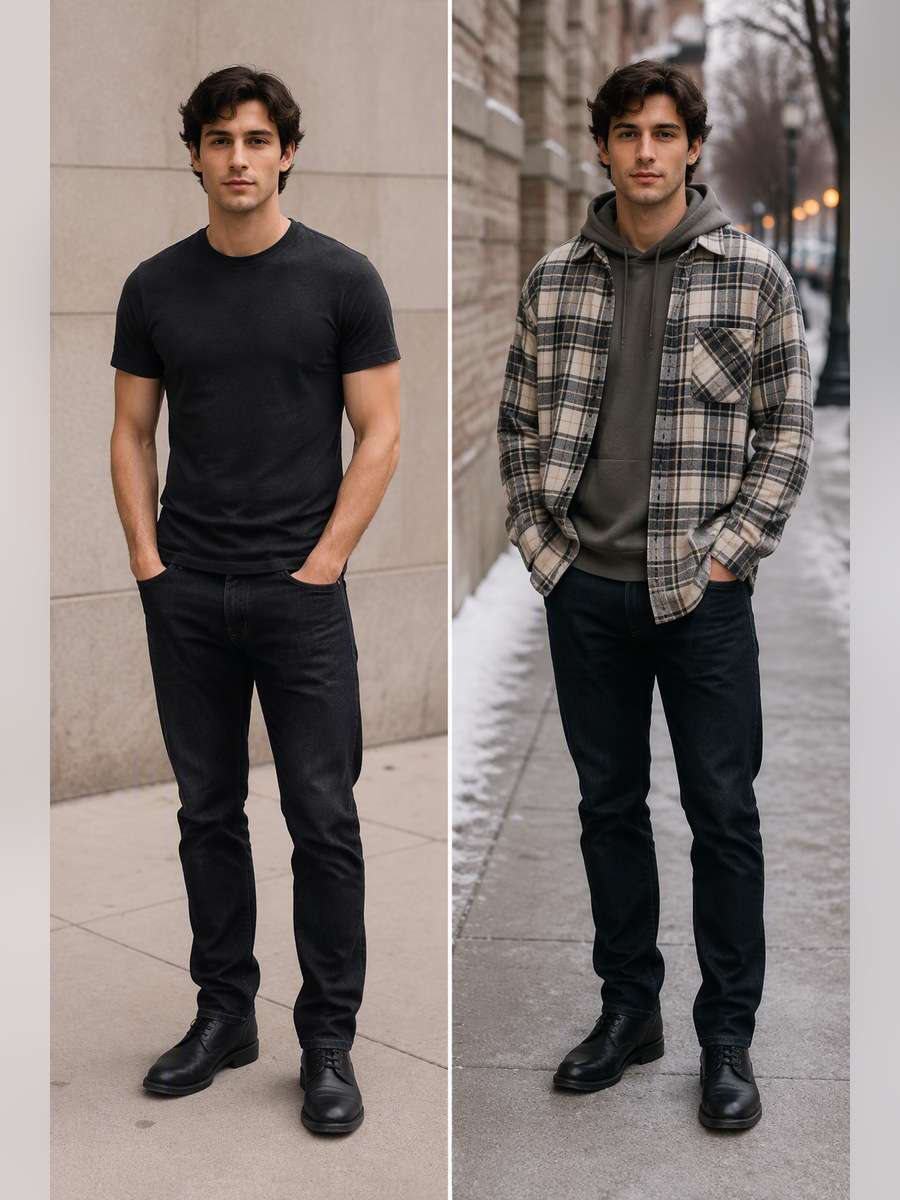 Layered Hoodie and Open Shirt — illustrative image-to-image before and after