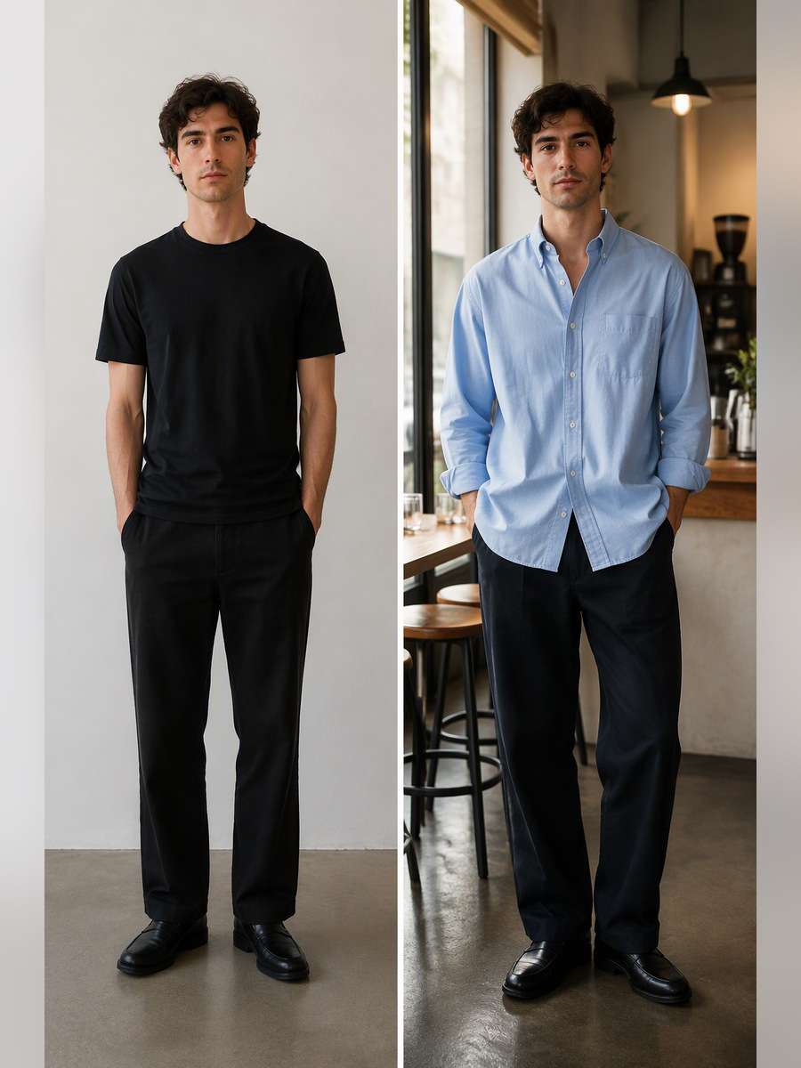 Blue Oversized Oxford Shirt — illustrative image-to-image before and after