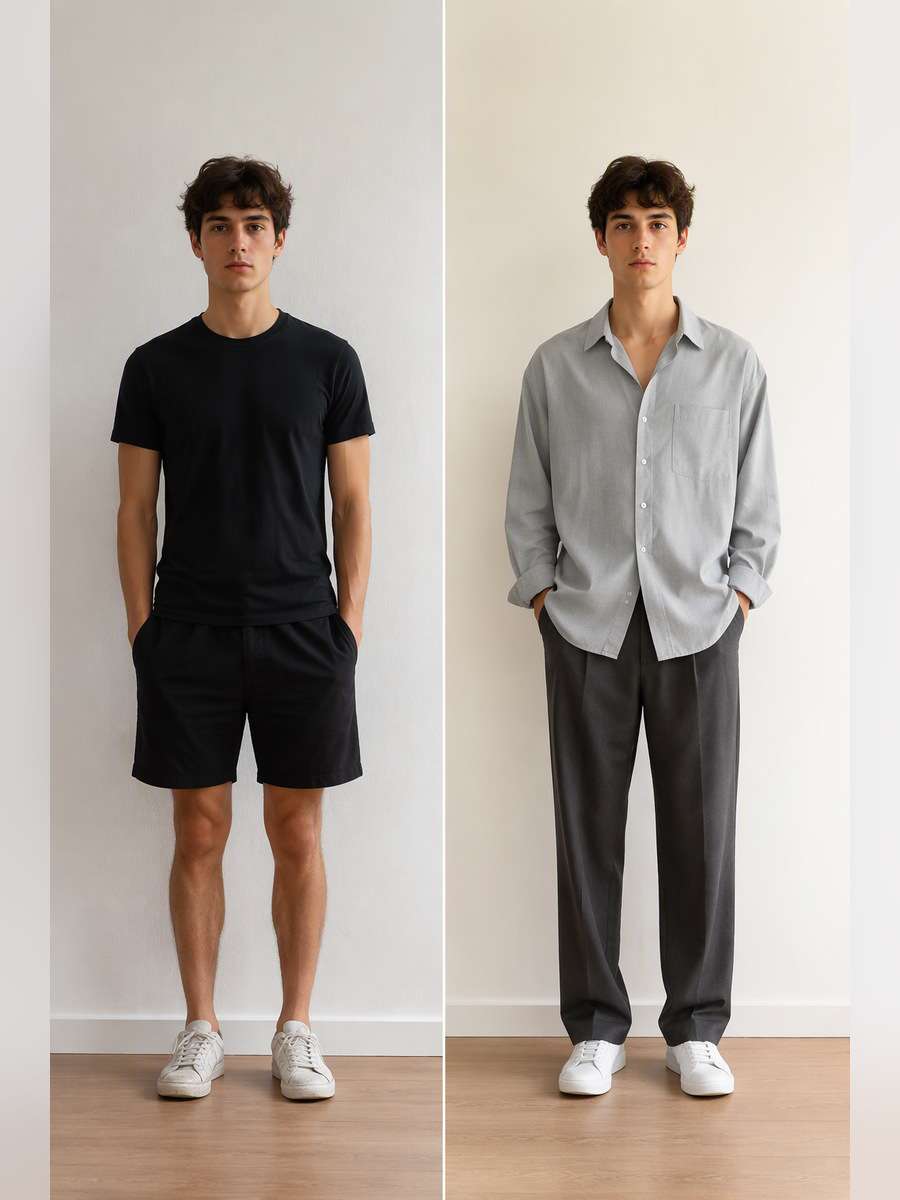 Monochrome Gray Minimal Fit — illustrative image-to-image before and after