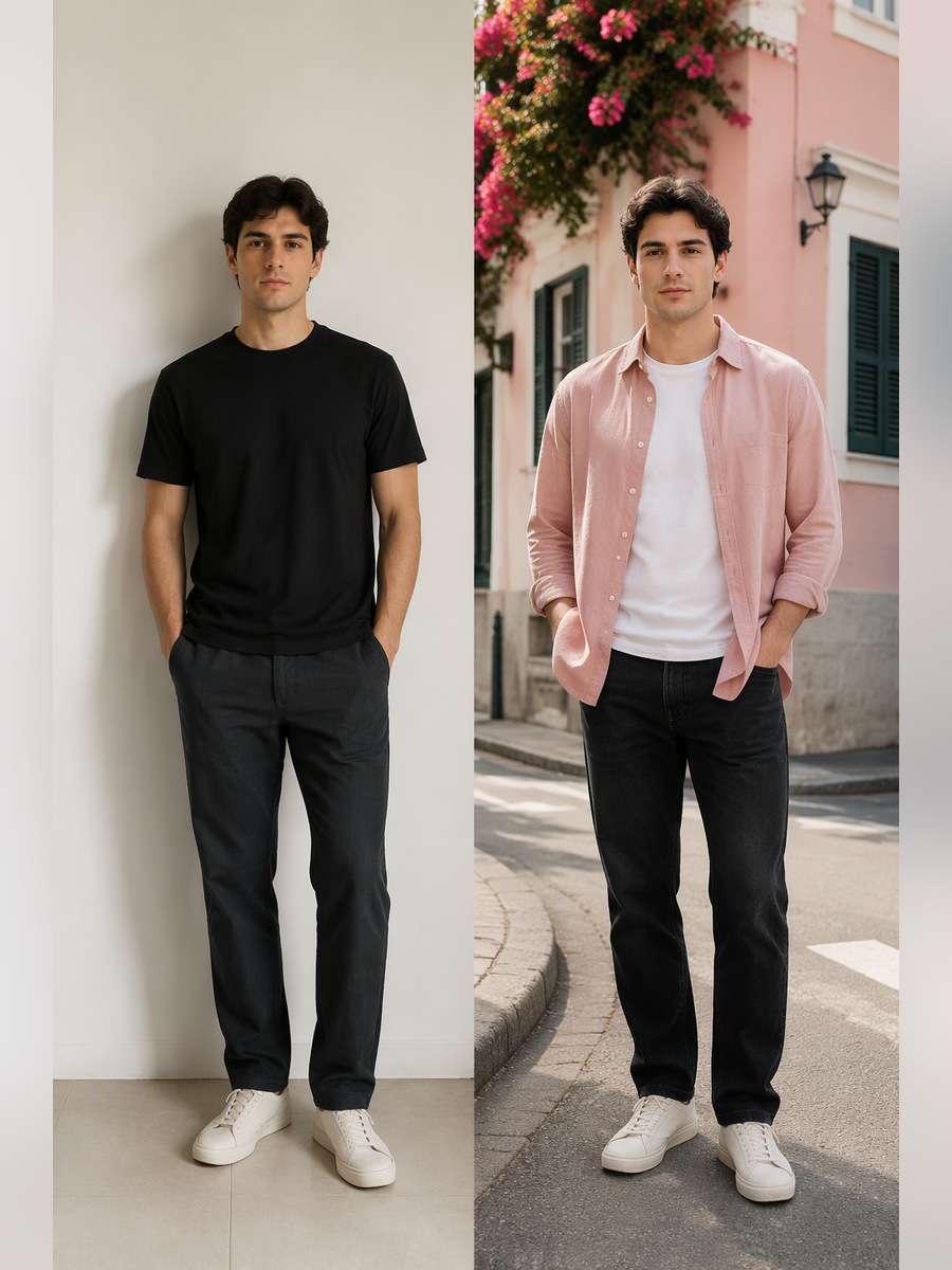 Pastel Pink Shirt Over White Tee — illustrative image-to-image before and after