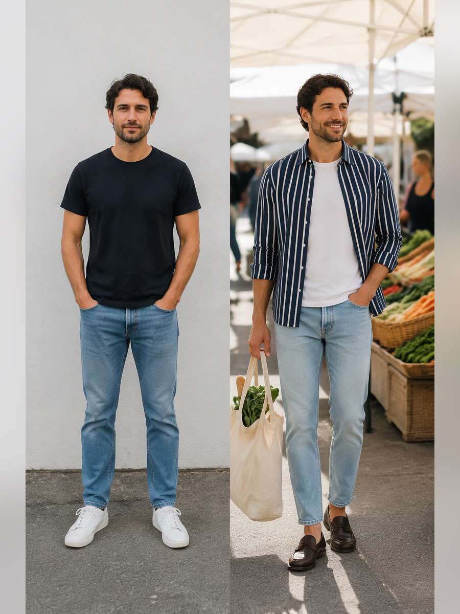 Striped Overshirt Weekend — illustrative image-to-image before and after