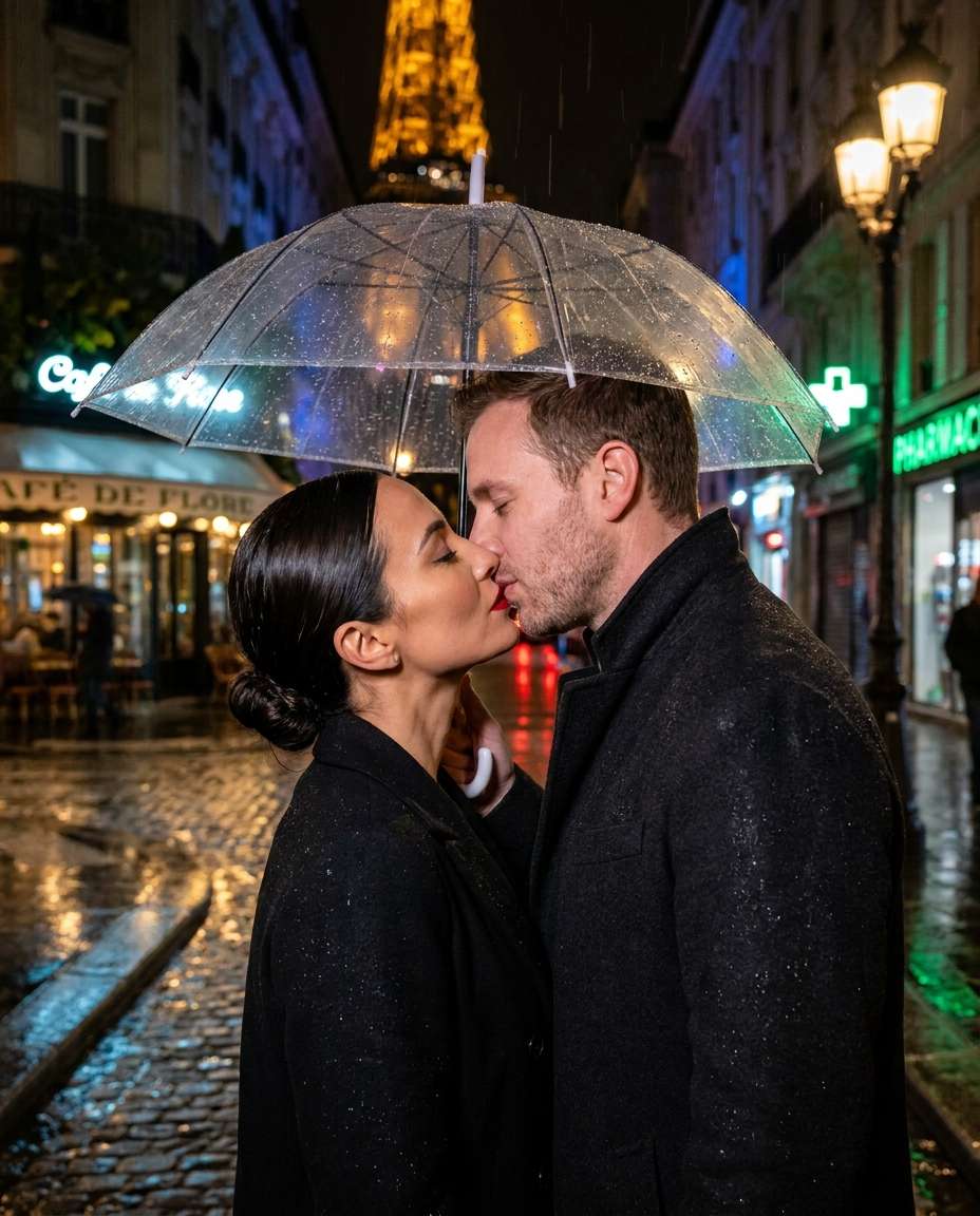 rainy paris kiss photo