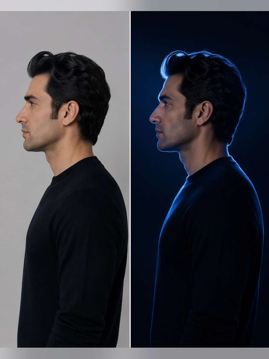 Midnight Blue Rim Light — illustrative image-to-image before and after