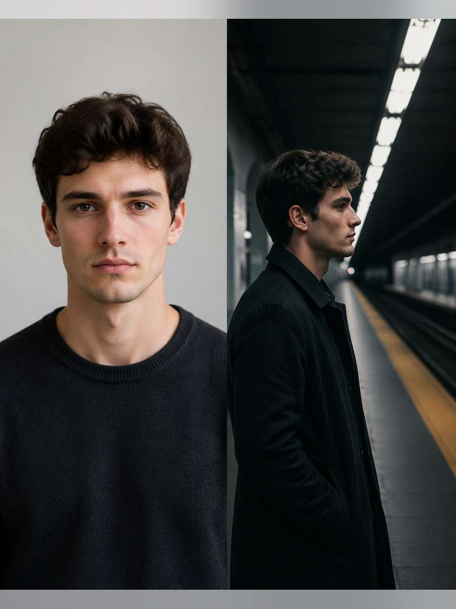 Subway Platform Solitude — illustrative image-to-image before and after