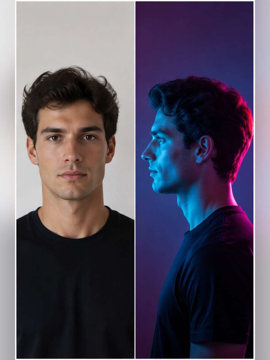 Neon Magenta and Cyan — illustrative image-to-image before and after