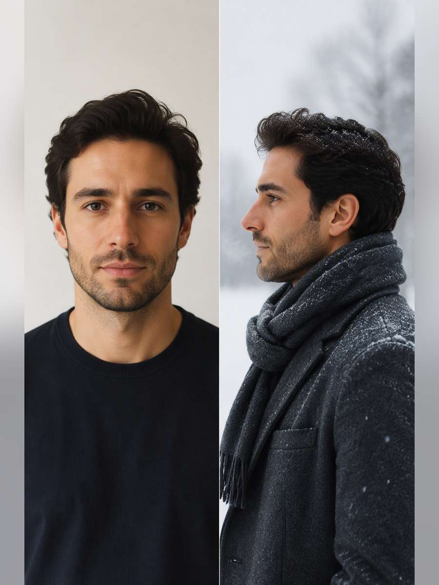 Winter Scarf Portrait — illustrative image-to-image before and after