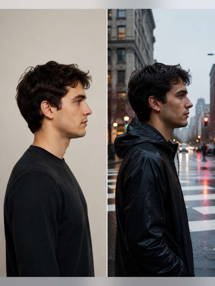 Raincoat City Crosswalk — illustrative image-to-image before and after