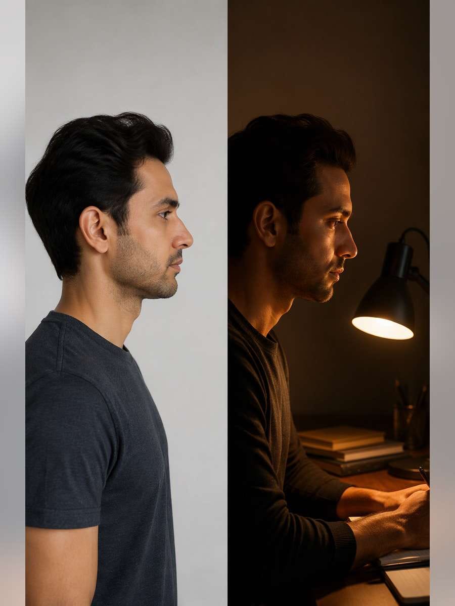 Warm Desk Lamp Study — illustrative image-to-image before and after