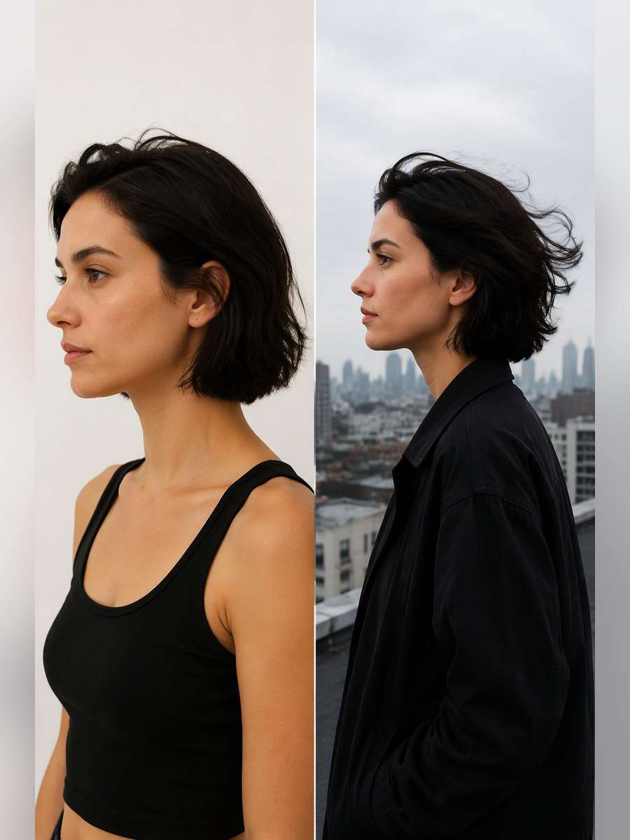 Rooftop Wind Portrait — illustrative image-to-image before and after
