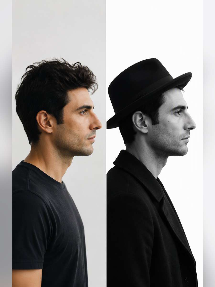 Monochrome Side Profile with Hat — illustrative image-to-image before and after