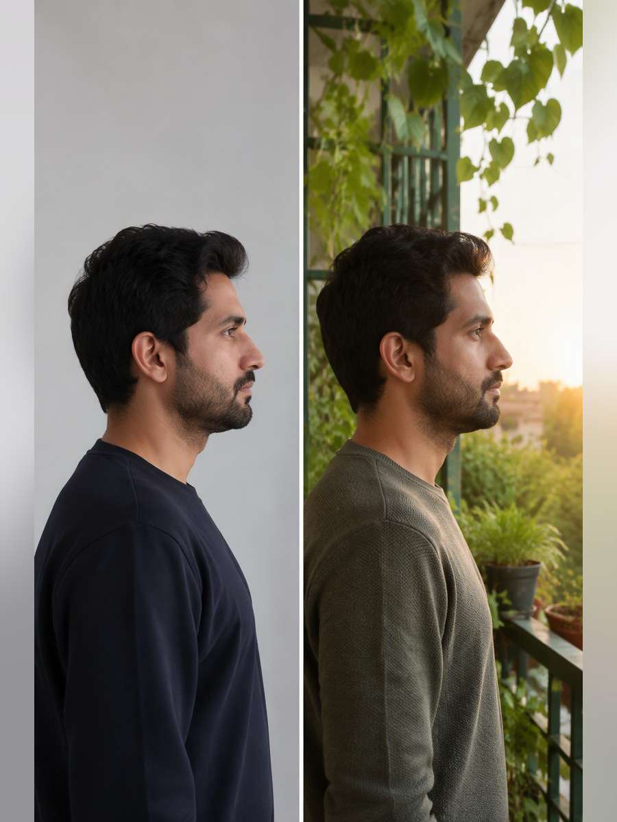 Morning Balcony Portrait — illustrative image-to-image before and after