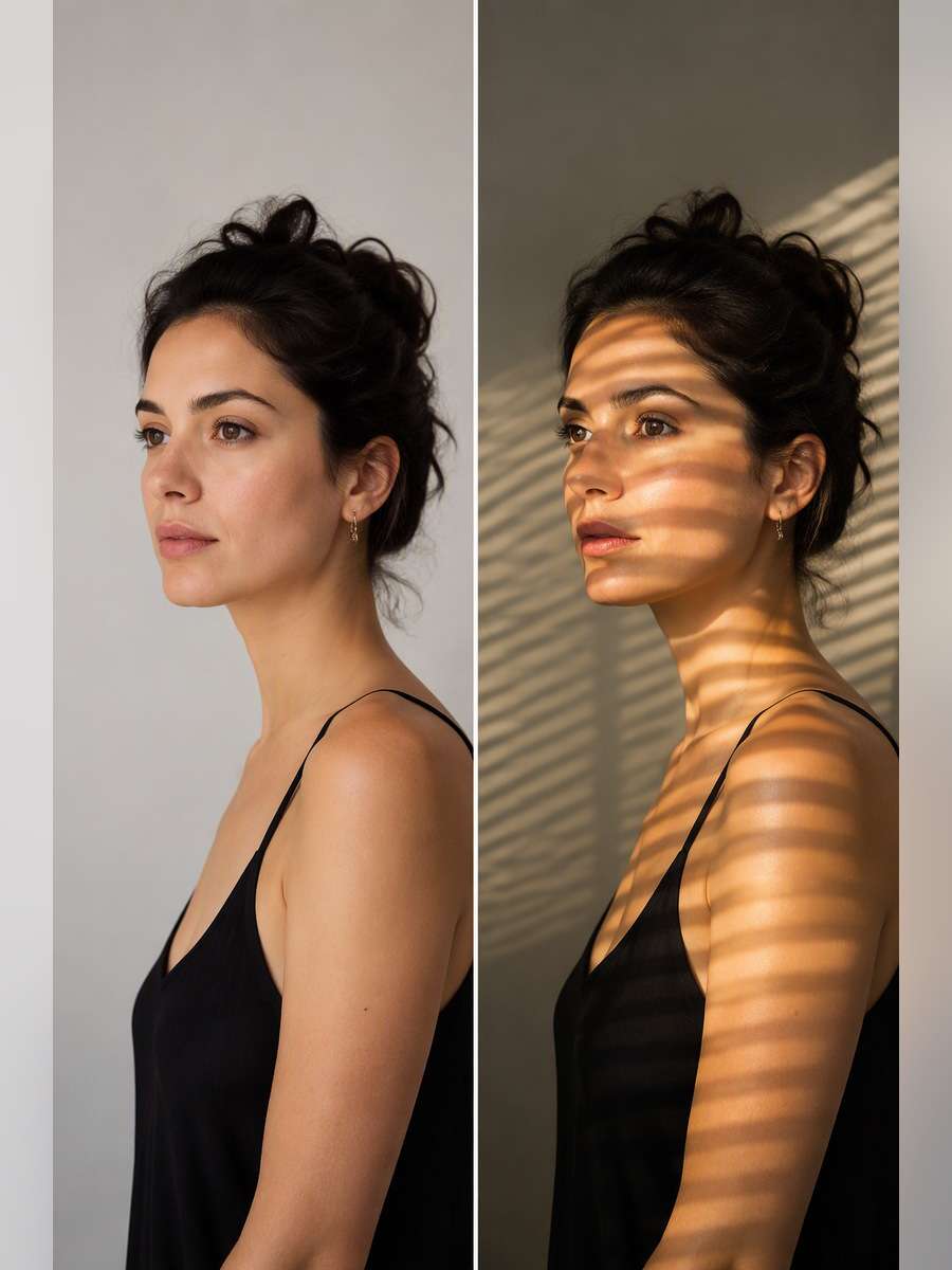 Window-Blind Light Stripes — illustrative image-to-image before and after