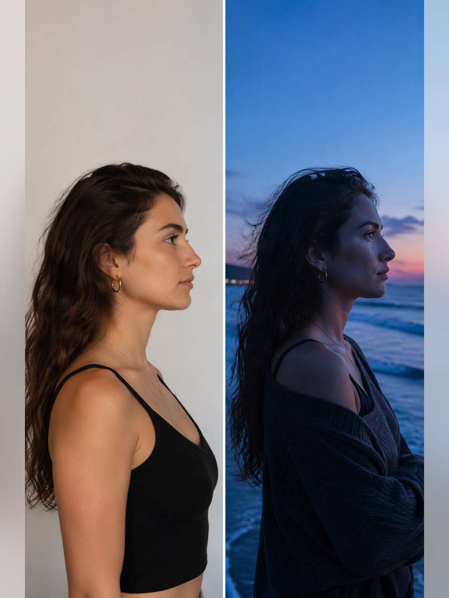 Coastal Wind at Blue Hour — illustrative image-to-image before and after