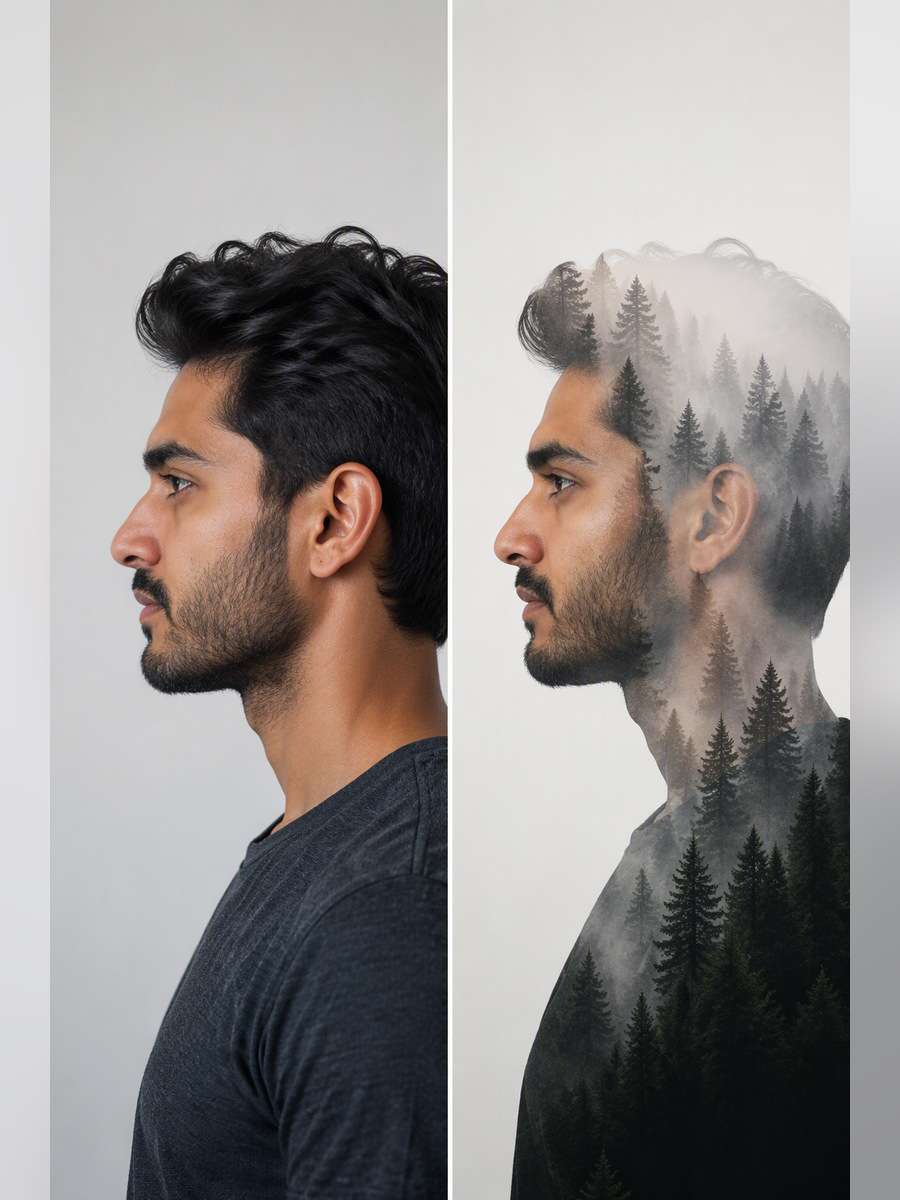 Soft Double-Exposure Forest — illustrative image-to-image before and after