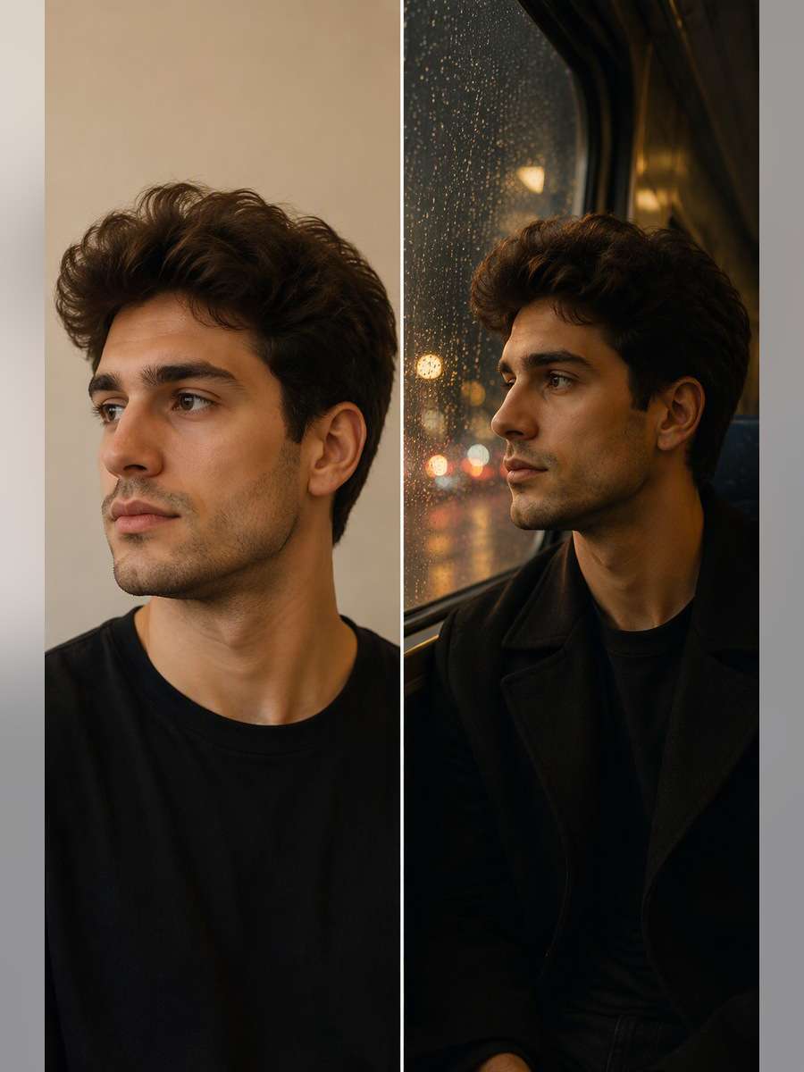 Rainy Train Window — illustrative image-to-image before and after