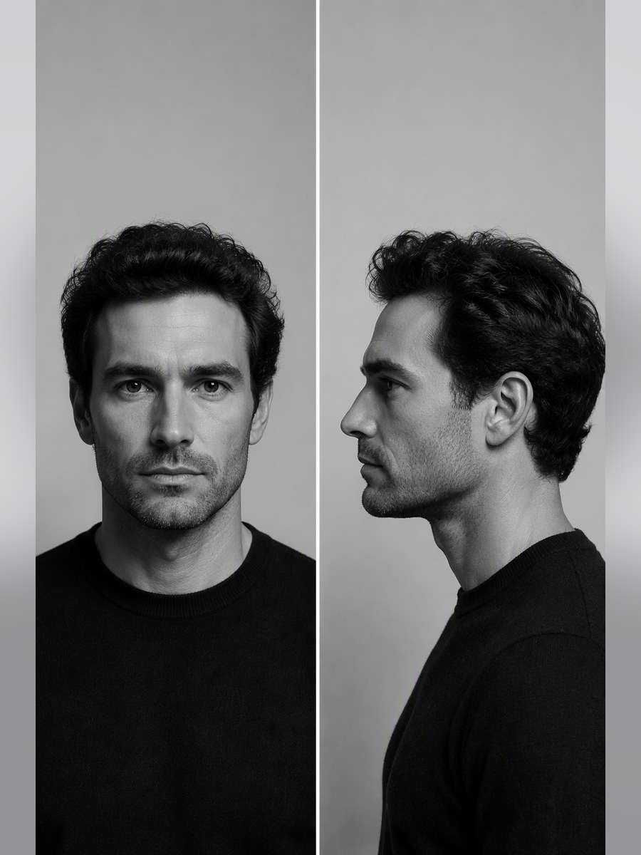 Black-and-White Studio Study — illustrative image-to-image before and after