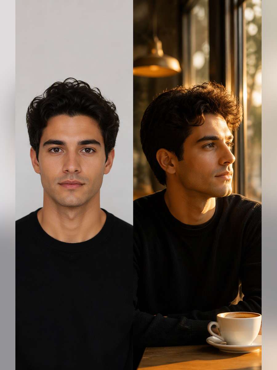 Golden Café Window — illustrative image-to-image before and after