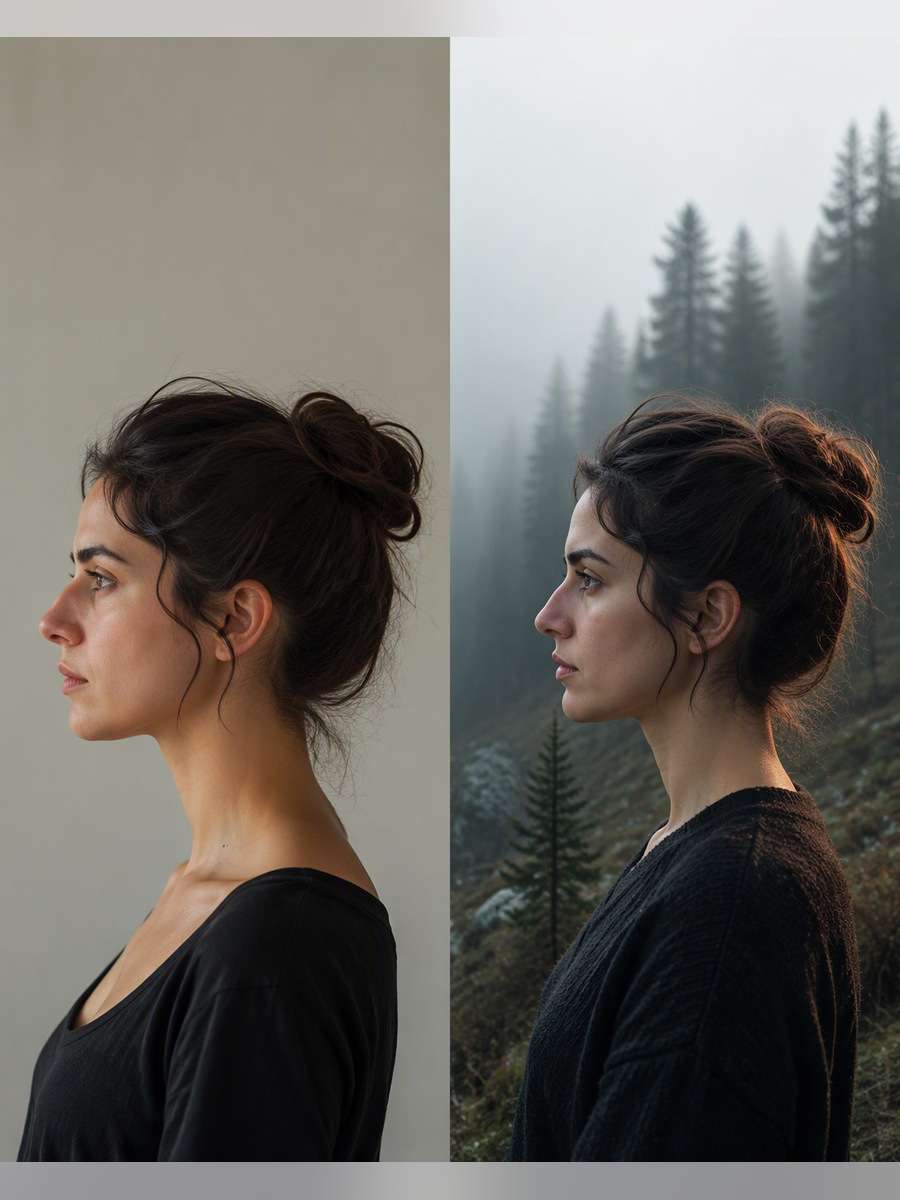 Foggy Forest Edge — illustrative image-to-image before and after