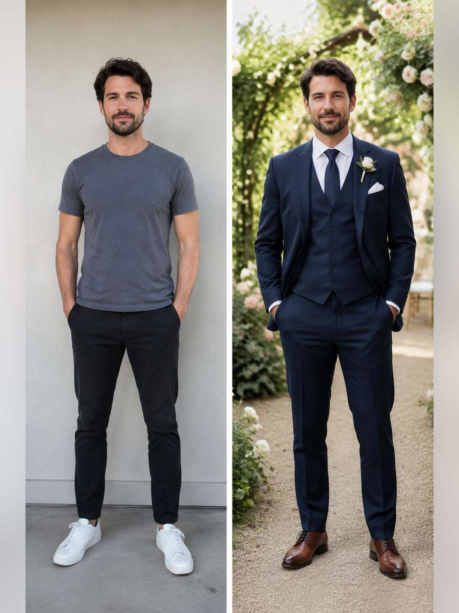Navy Wedding Three-Piece — illustrative image-to-image before and after