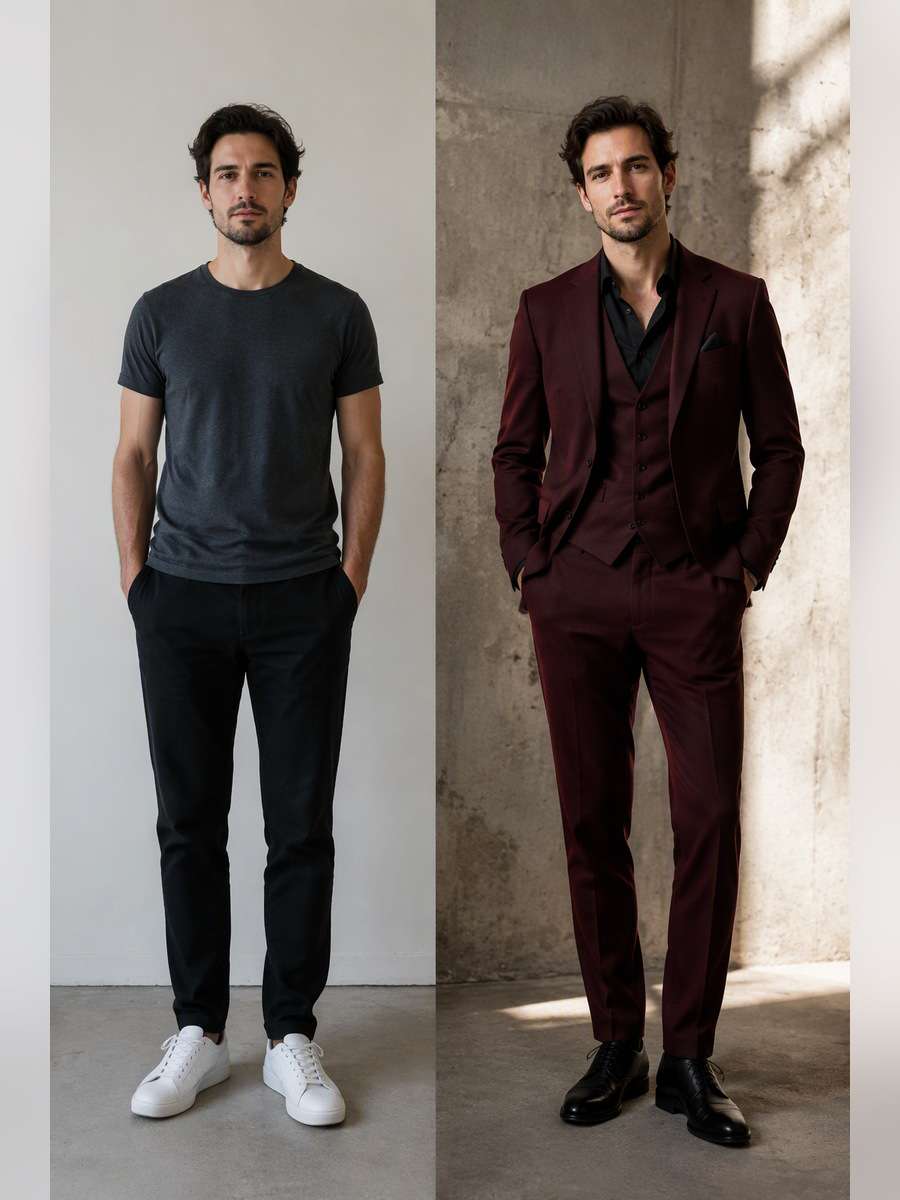 Burgundy Three-Piece Editorial — illustrative image-to-image before and after