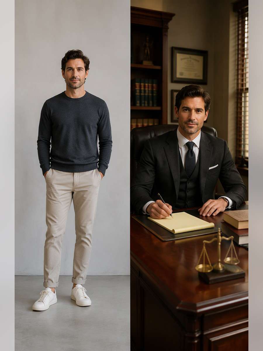 Seated Lawyer Portrait — illustrative image-to-image before and after
