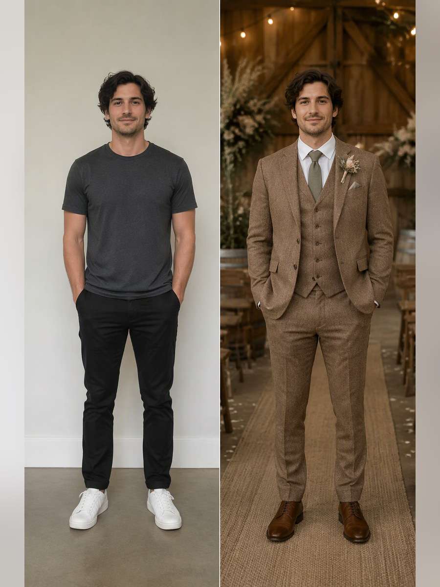 Rustic Wedding Groom Styling — illustrative image-to-image before and after