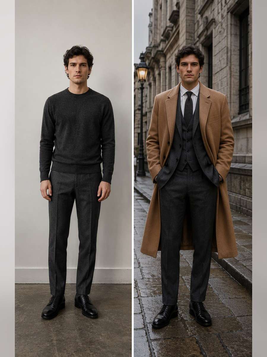Winter Overcoat Layering — illustrative image-to-image before and after