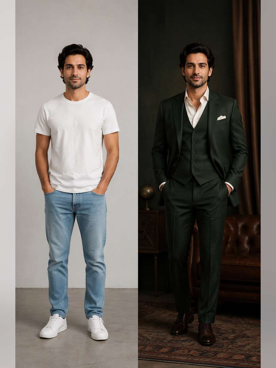Deep Green Formal Vest — illustrative image-to-image before and after