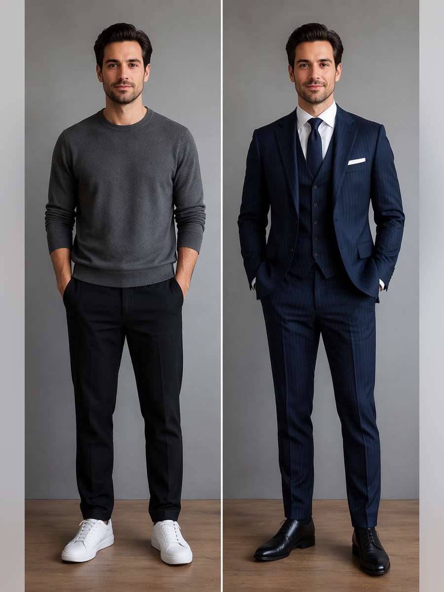 Navy Pinstripe Classic — illustrative image-to-image before and after