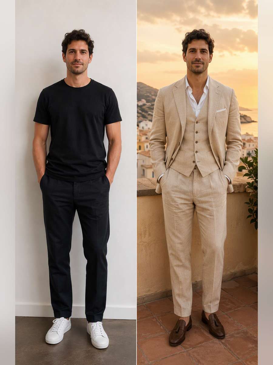 Beige Linen Three-Piece — illustrative image-to-image before and after