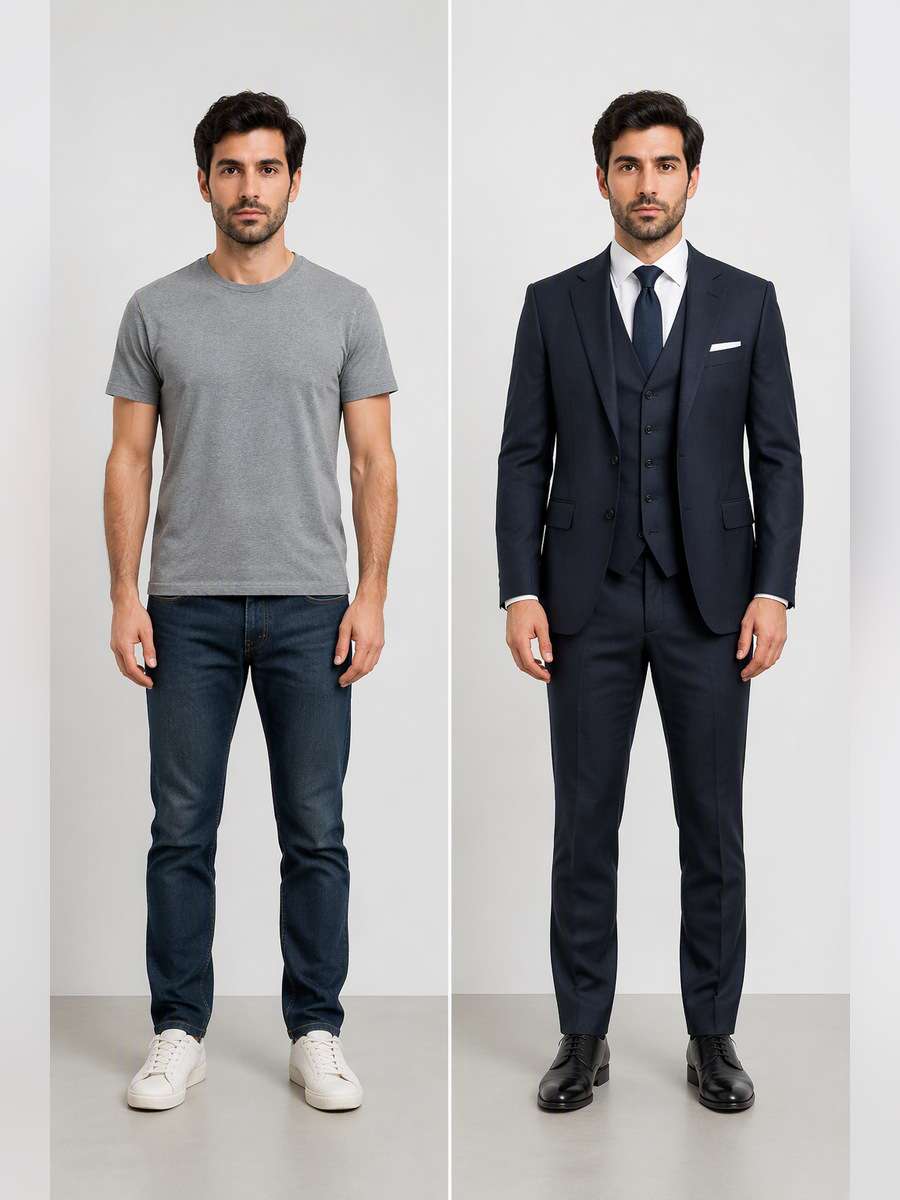 Three-Piece Standing Fit Check — illustrative image-to-image before and after