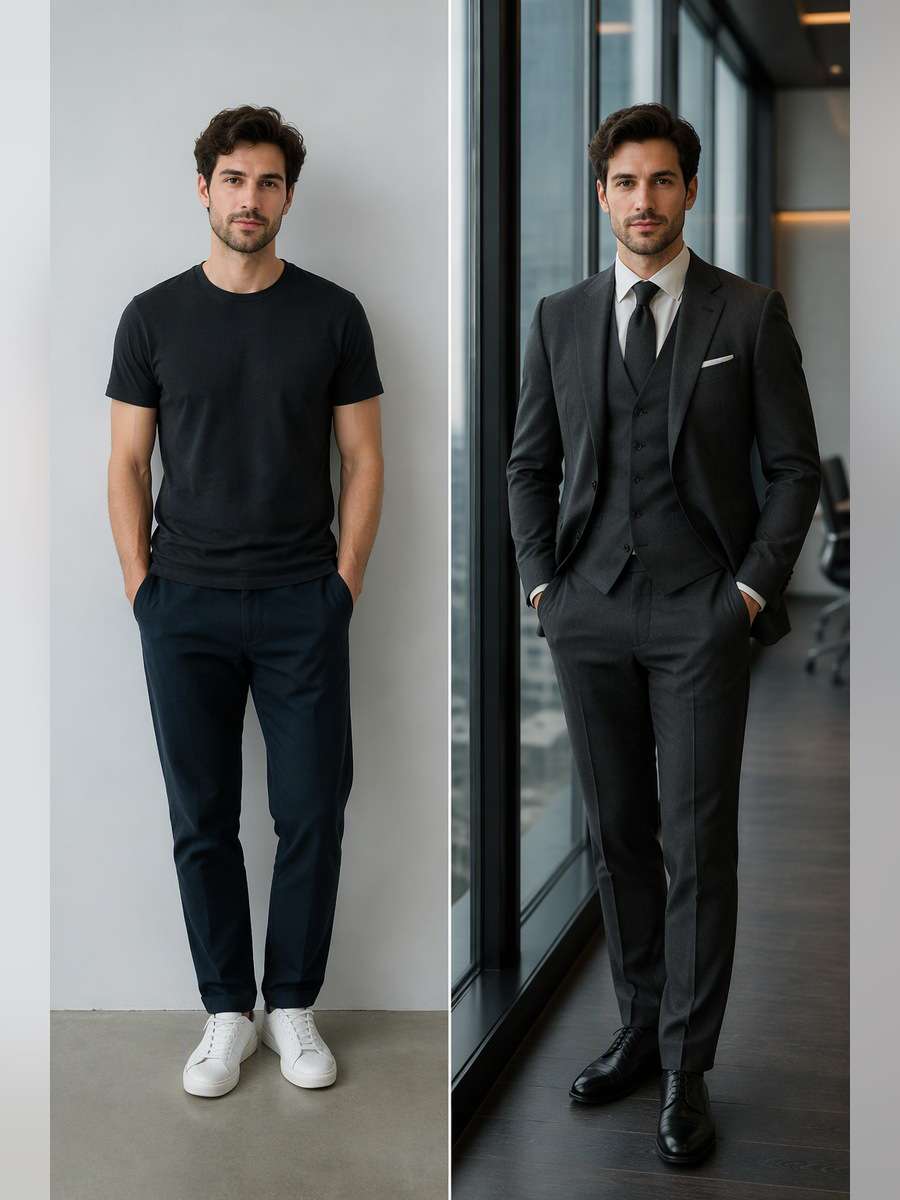 Charcoal Boardroom Vest — illustrative image-to-image before and after