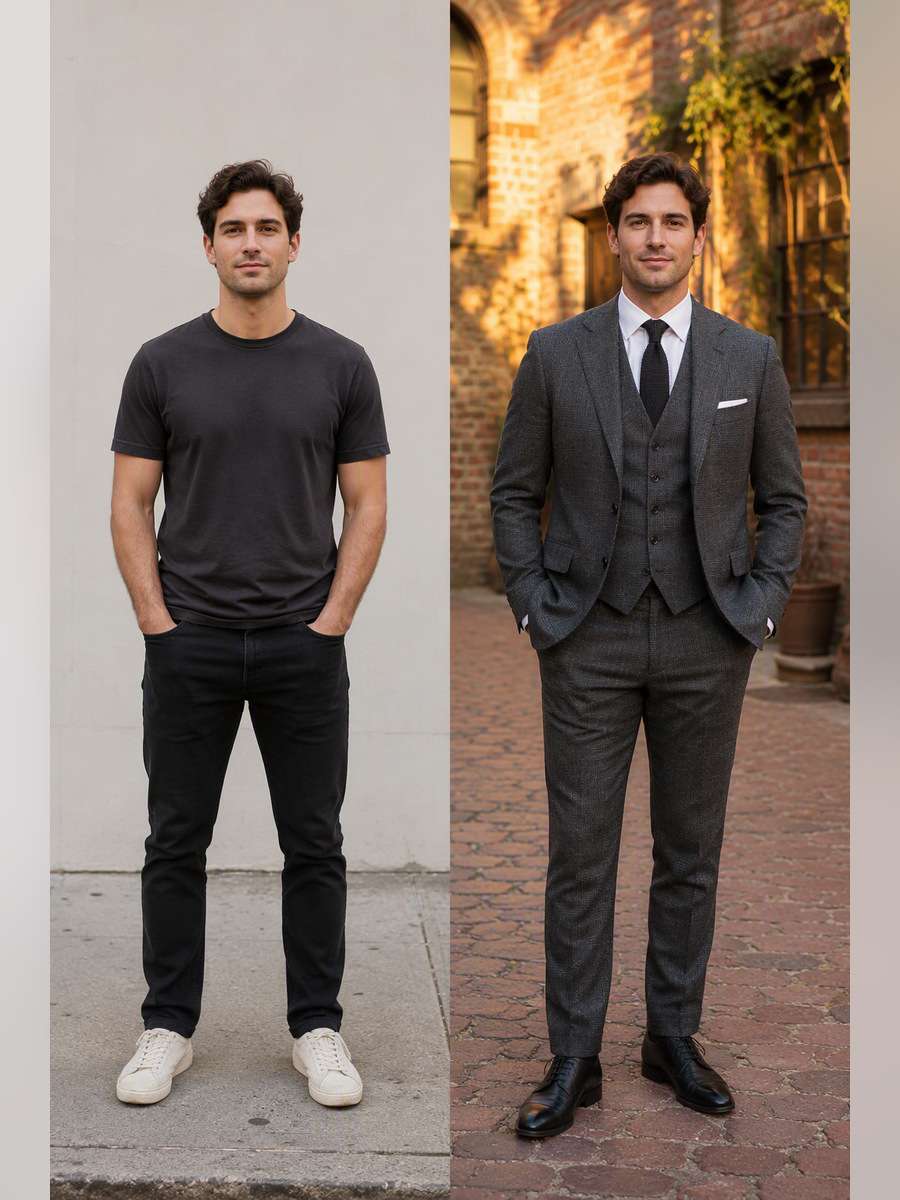 Slate Three-Piece with Knit Tie — illustrative image-to-image before and after