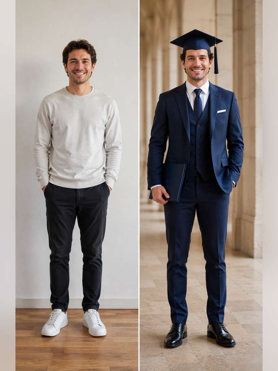 Graduation Formal Three-Piece — illustrative image-to-image before and after