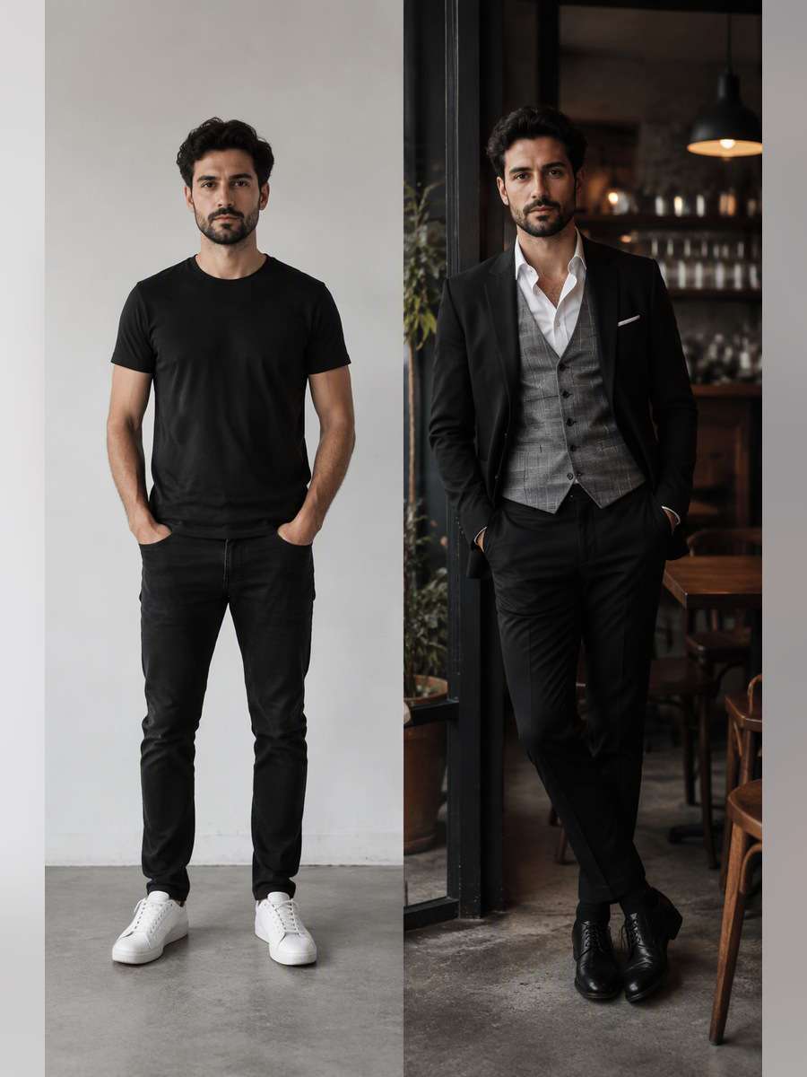 Checked Vest Smart Casual — illustrative image-to-image before and after