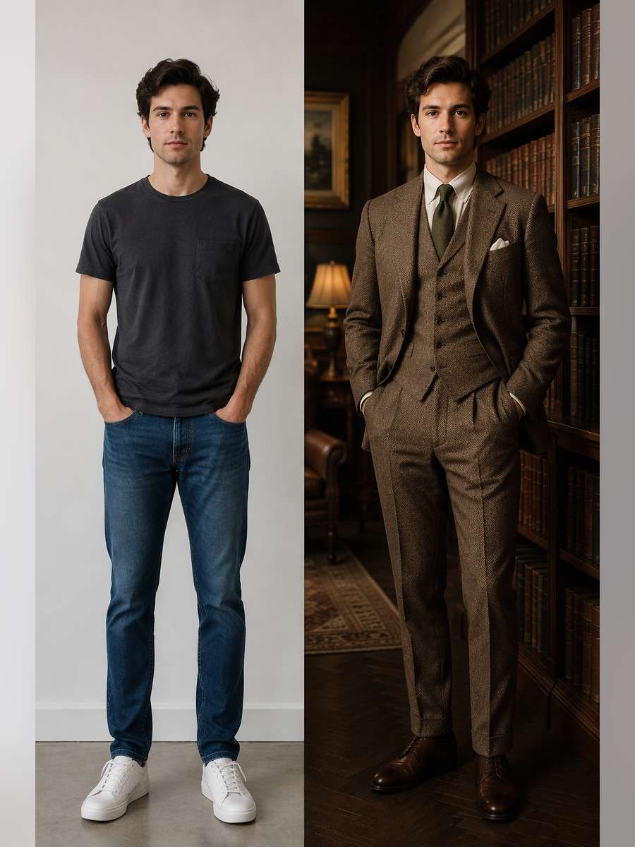 Herringbone Library Portrait — illustrative image-to-image before and after