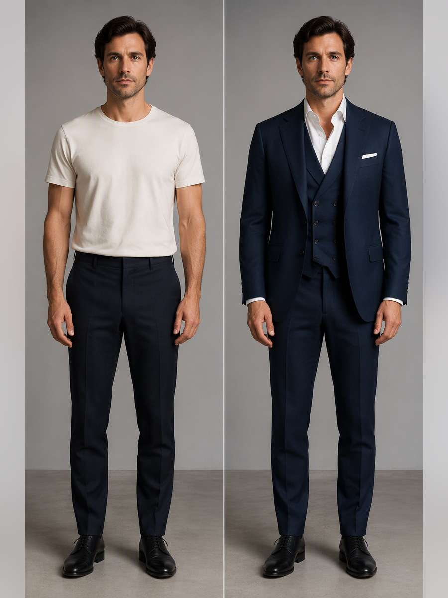 Double-Breasted Waistcoat Study — illustrative image-to-image before and after