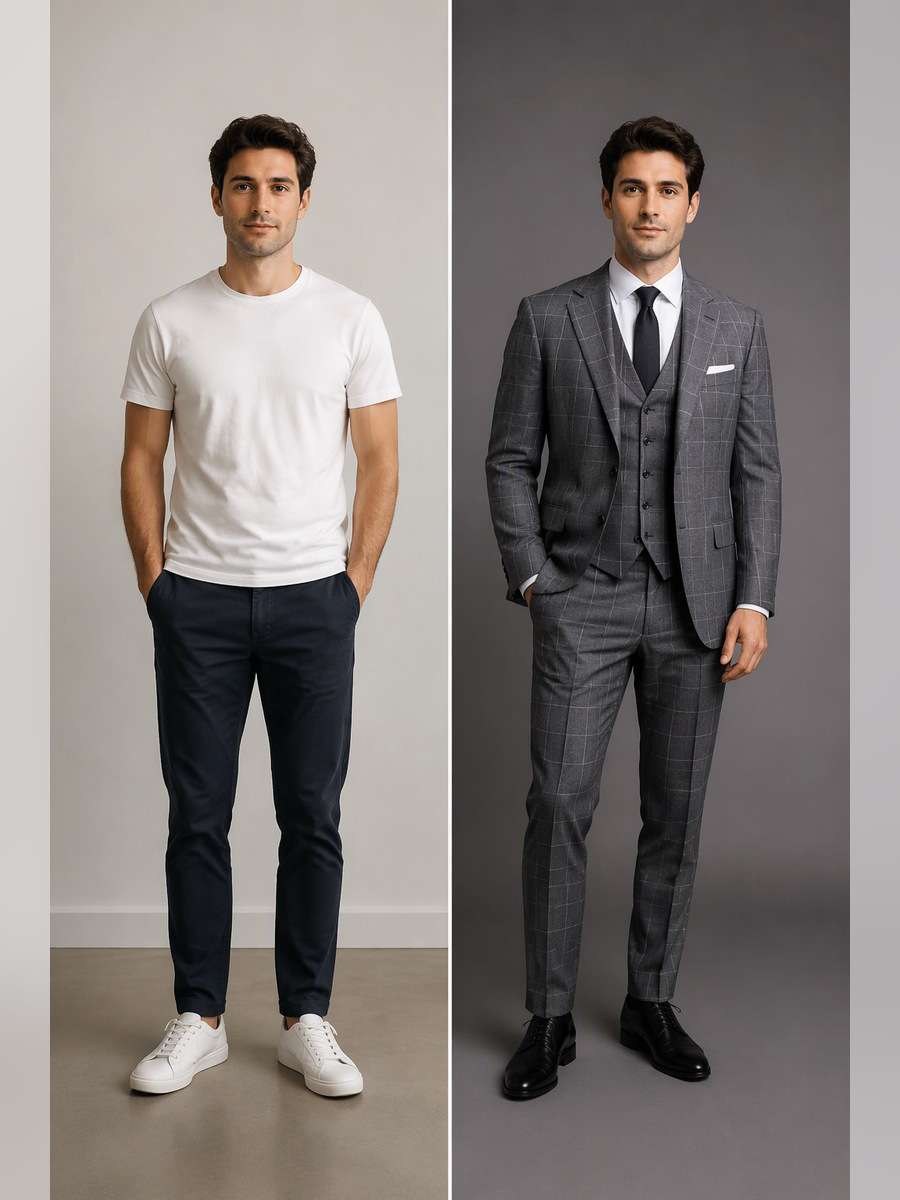 Windowpane Check Suit — illustrative image-to-image before and after