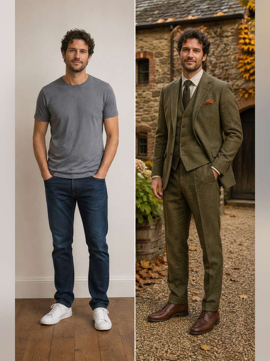 Olive Tweed Country Guest — illustrative image-to-image before and after