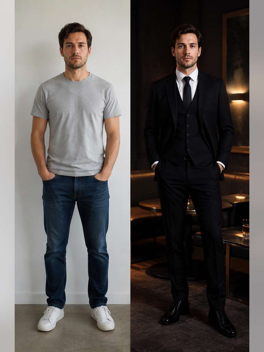 Black Evening Three-Piece — illustrative image-to-image before and after